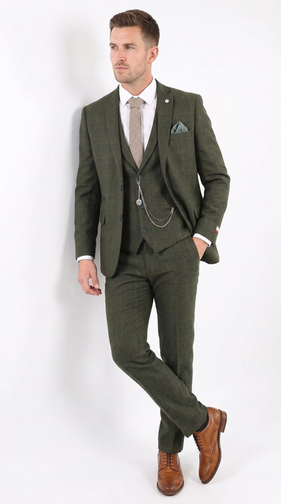 Men’s Olive Wool Tweed 3 Piece Suit, Double Breasted Vest 1920s Vintage Formal Suit