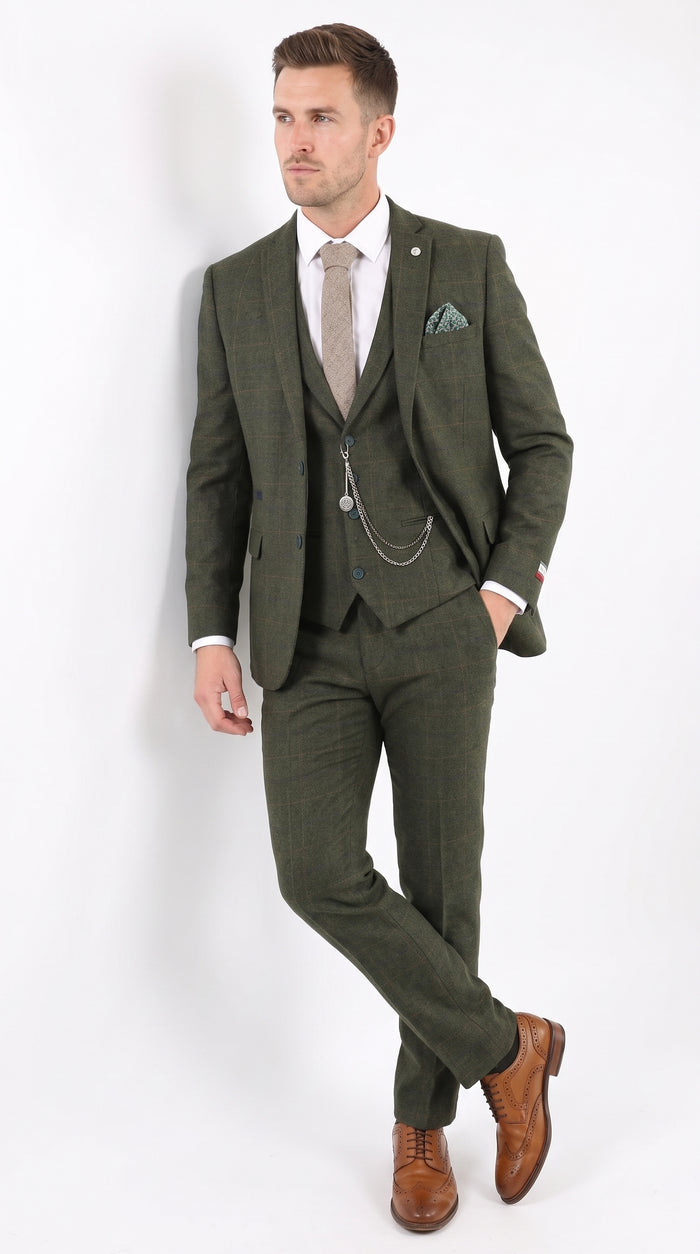 Men’s Olive Wool Tweed 3 Piece Suit, Double Breasted Vest 1920s Vintage Formal Suit