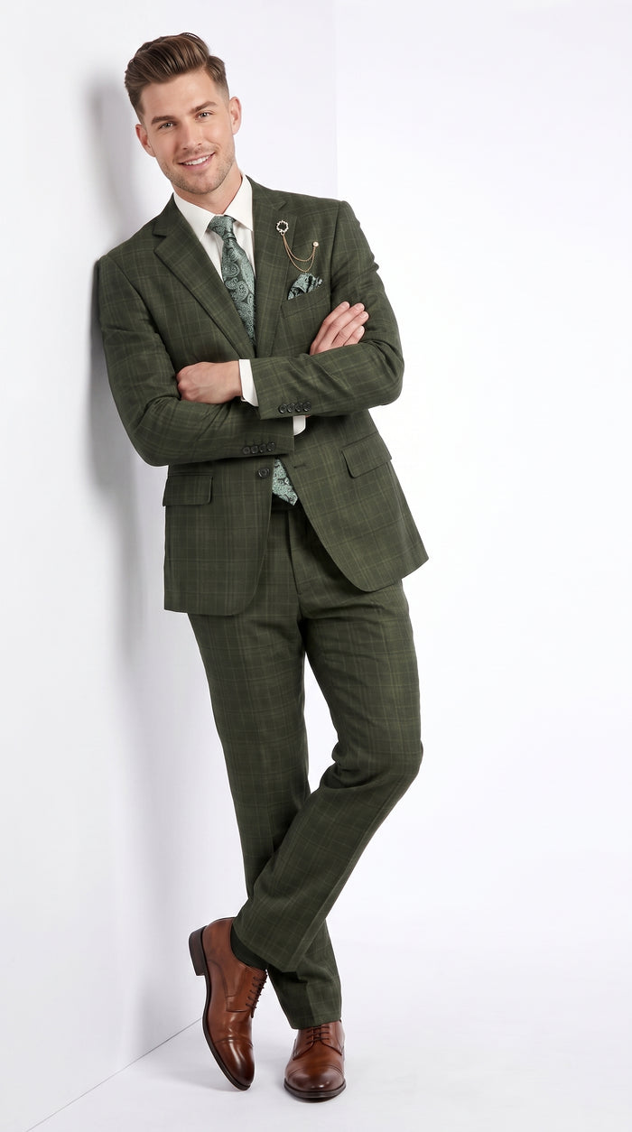 Men’s Olive Green Glen Plaid 3 Piece Suit, Regular Fit Formal Wedding Business Dress Suit