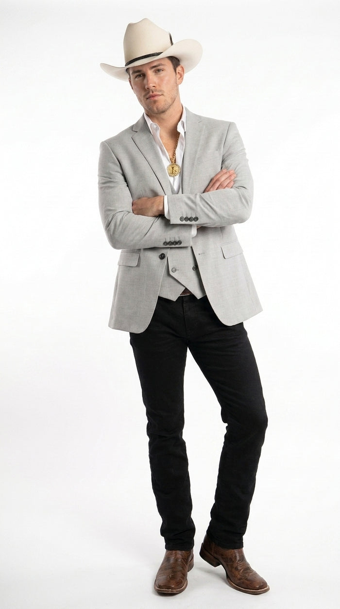Men’s Light Gray Western Suit Blazer with Double-Breasted Vest, Modern Cowboy Formal Outfit