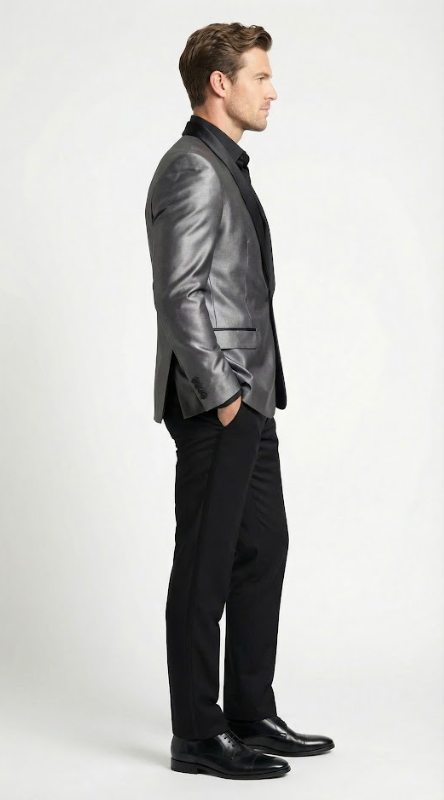 Men’s Shiny Charcoal Grey Blazer –  Sharkskin Dinner Jacket Shawl Collar