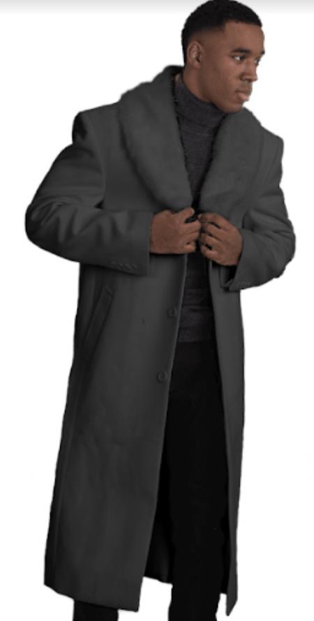 Men's Charcoal Topcoat with Fur Collar