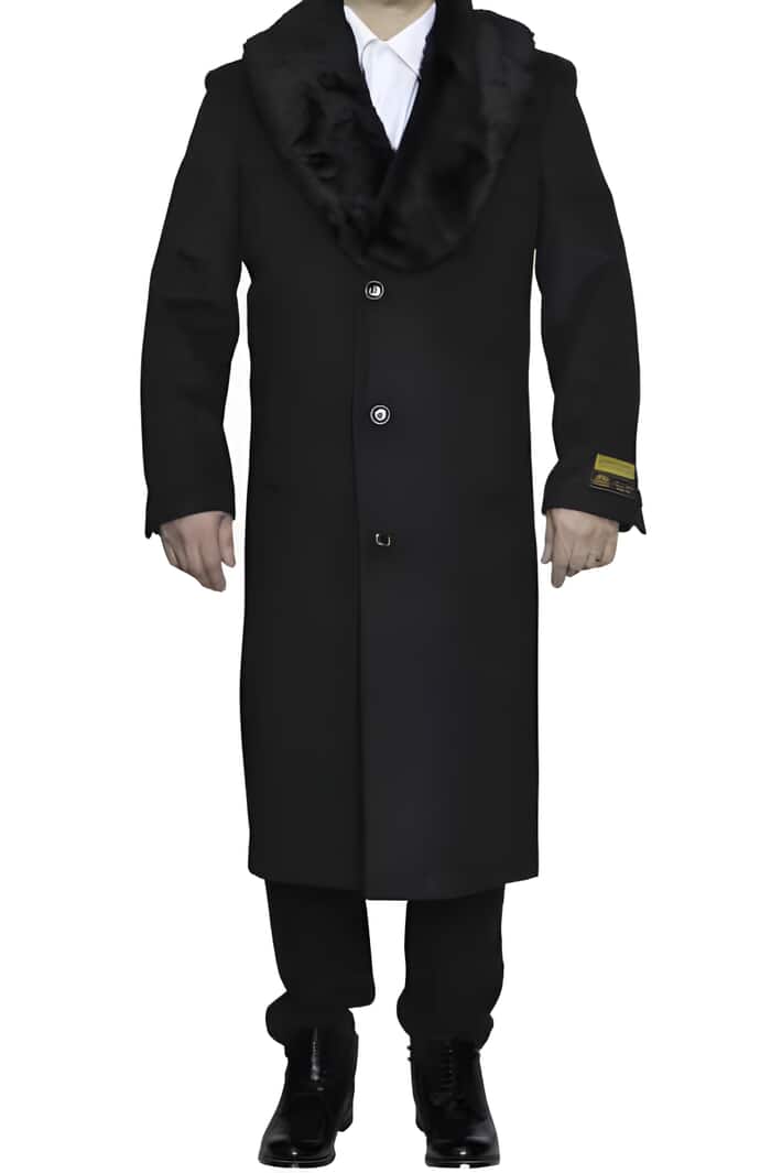 Charcoal Grey Wool Overcoat with Removable Fur Collar