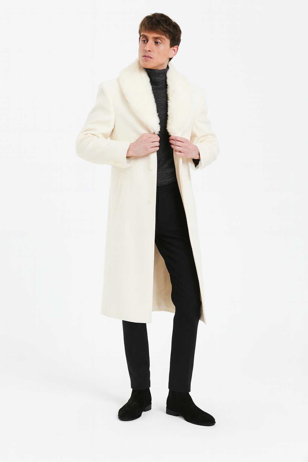 Ivory Full-Length Overcoat with Faux Fur Shawl Collar