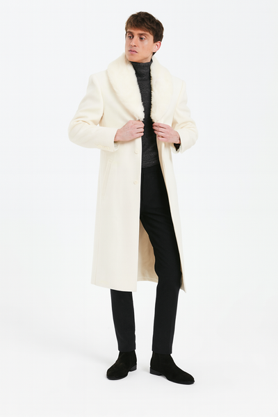 Ivory Full-Length Overcoat with Faux Fur Shawl Collar
