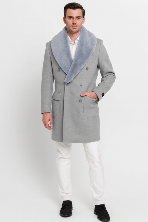 Grey Double Breasted Overcoat with Faux Fur Collar