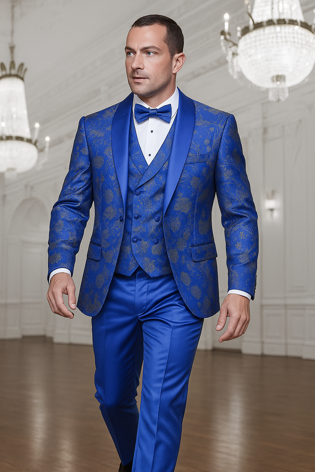 Royal Blue Paisley Lace Print Tuxedo & Vest
