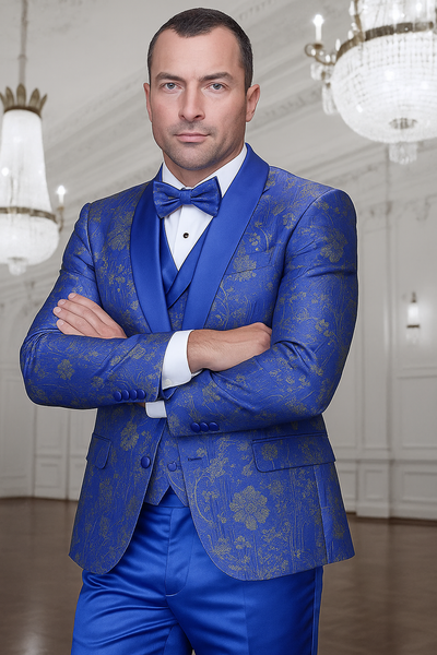Royal Blue Paisley Lace Print Tuxedo & Vest