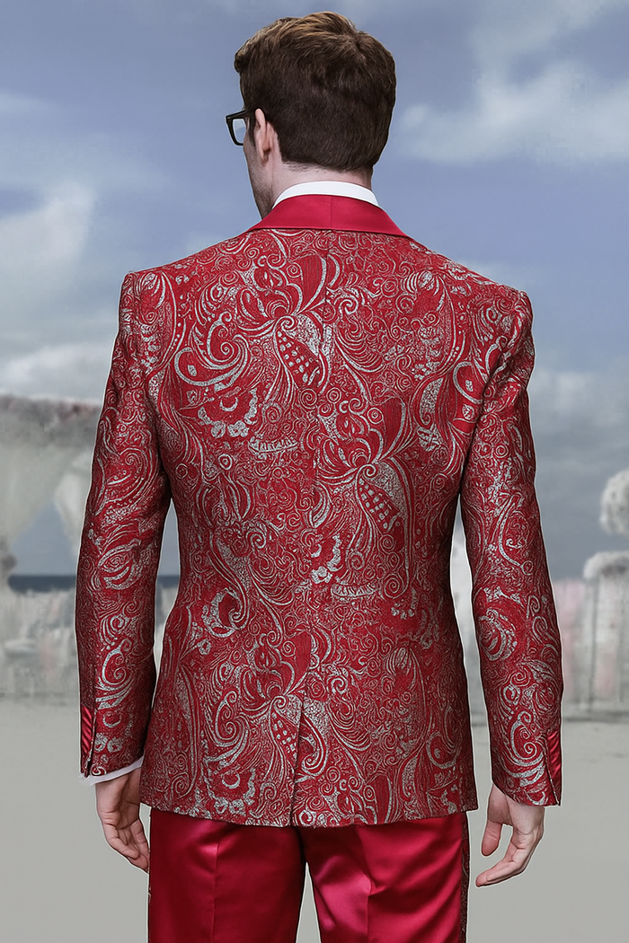 Men’s Red Paisley Brocade Tuxedo Double Breasted Suit