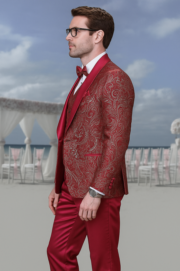 Men’s Red Paisley Brocade Tuxedo Double Breasted Suit