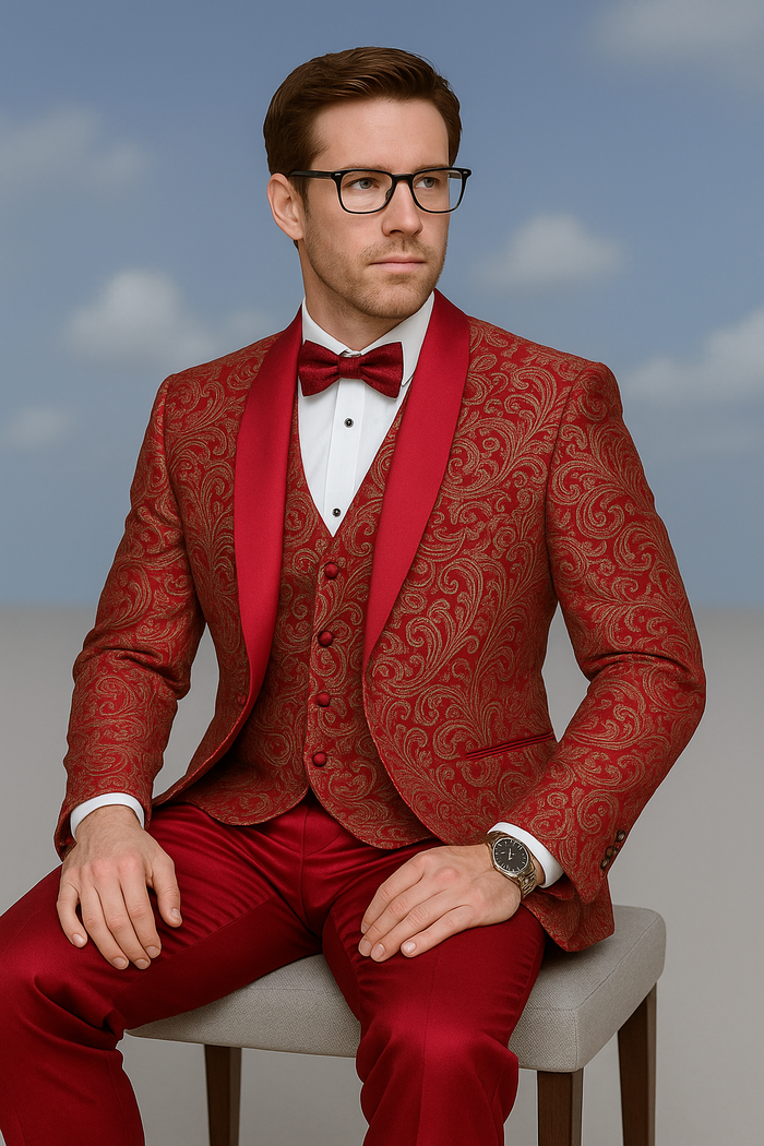 Men’s Red Paisley Brocade Tuxedo Double Breasted Suit