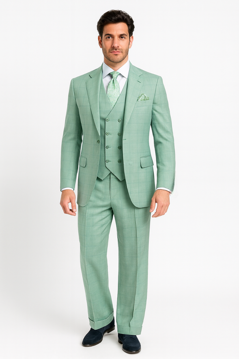 Tiglio Rosso Suit  - Classic Fit Athletic Cut 100% Wool Super 150s Italian Fabric Peak Lapel in Color Mint Green