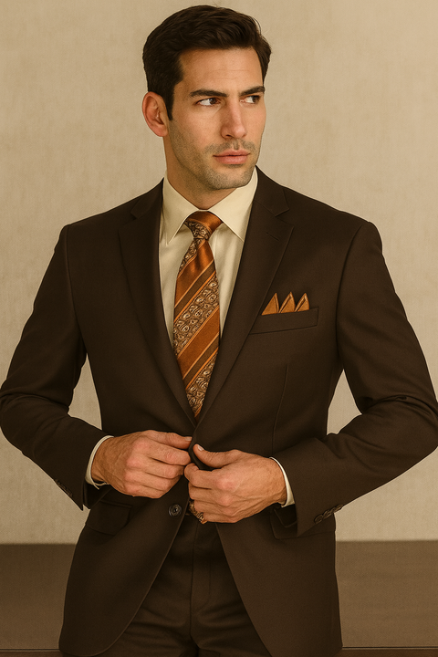 2TR Classic Fit - Executive Cut Poly-rayon Executive Pure Solid Brown Suit Notch Collar Pleated Pants