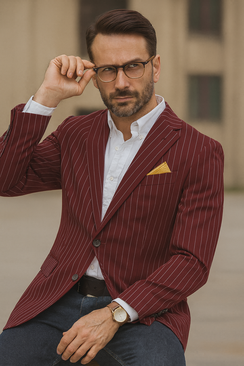 Men's Dark Burgundy and White Pinstripe Two Button Blazer