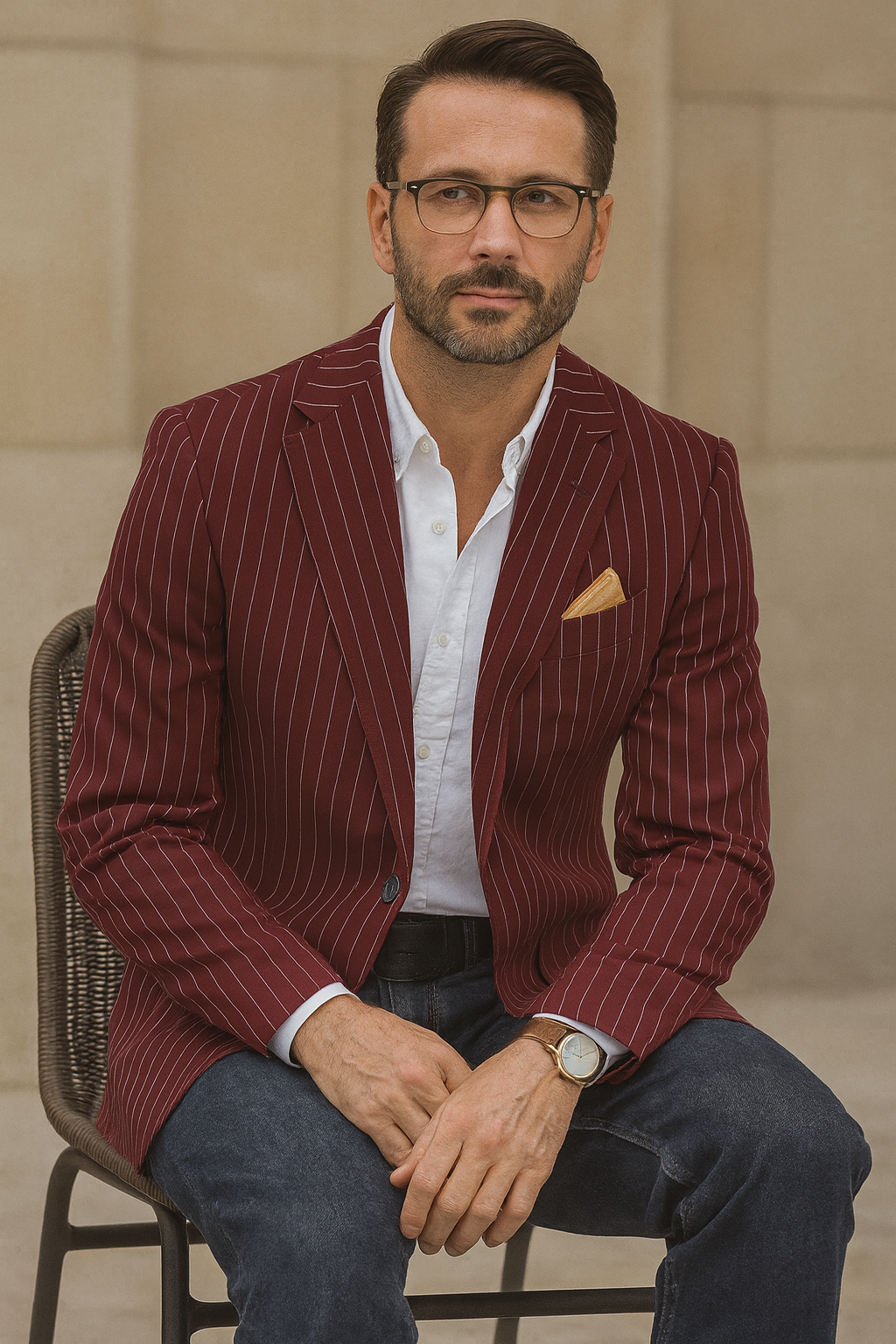 Men's Dark Burgundy and White Pinstripe Two Button Blazer