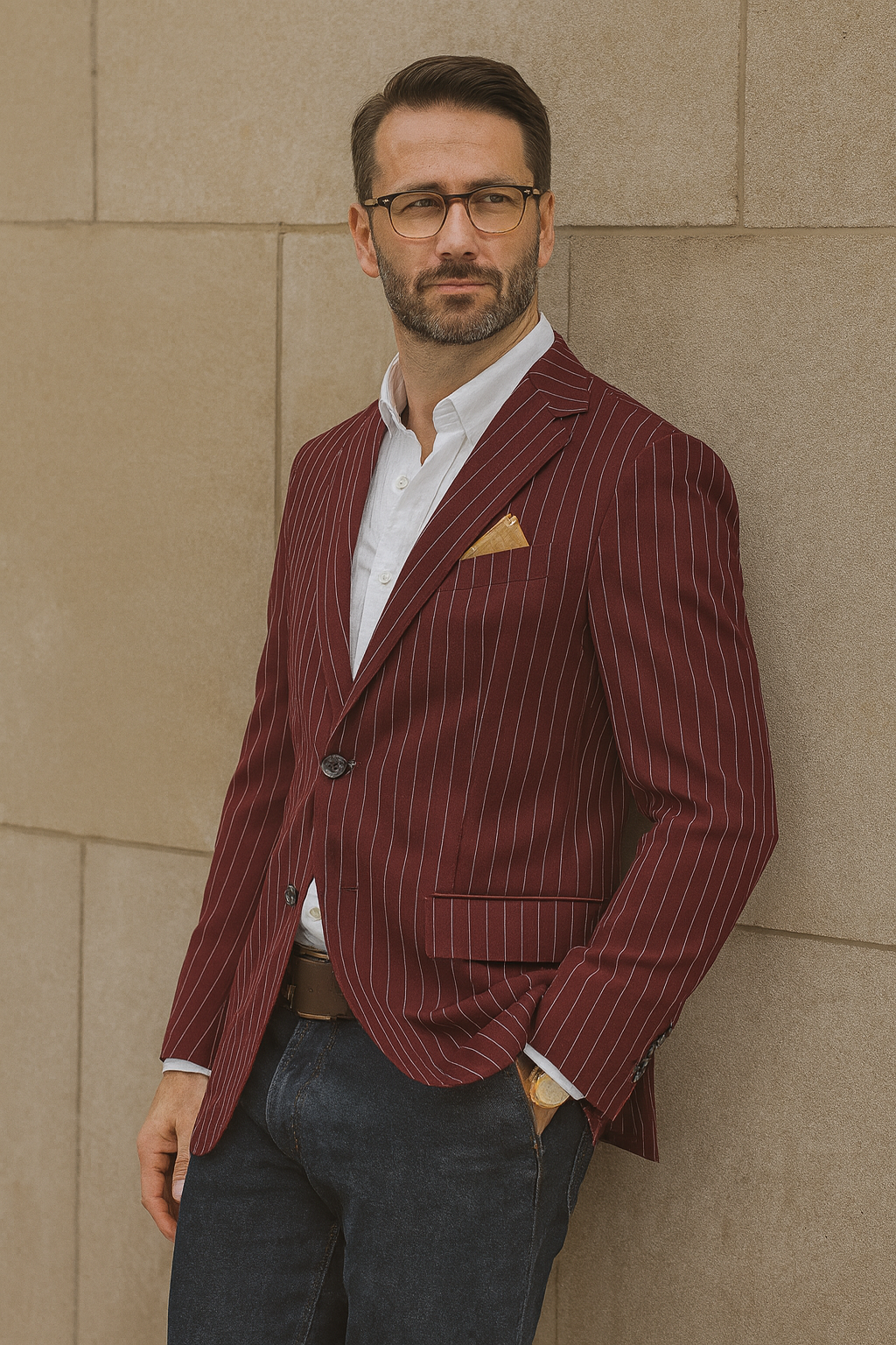 Men's Dark Burgundy and White Pinstripe Two Button Blazer