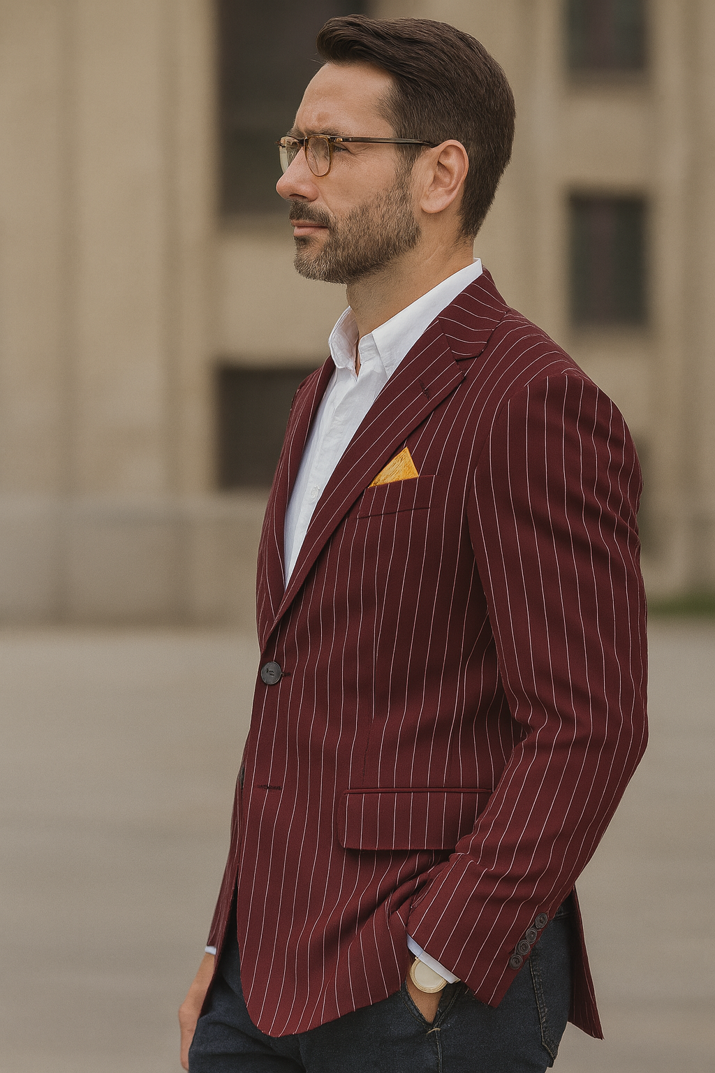 Men's Dark Burgundy and White Pinstripe Two Button Blazer