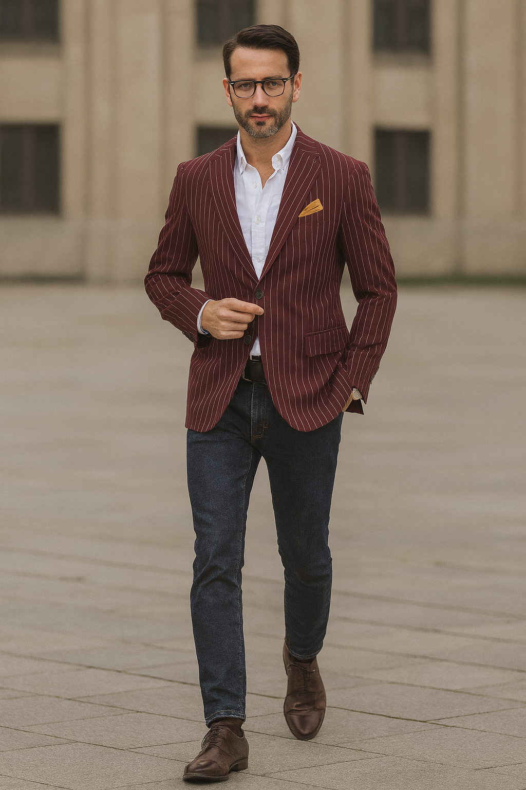 Men's Dark Burgundy and White Pinstripe Two Button Blazer