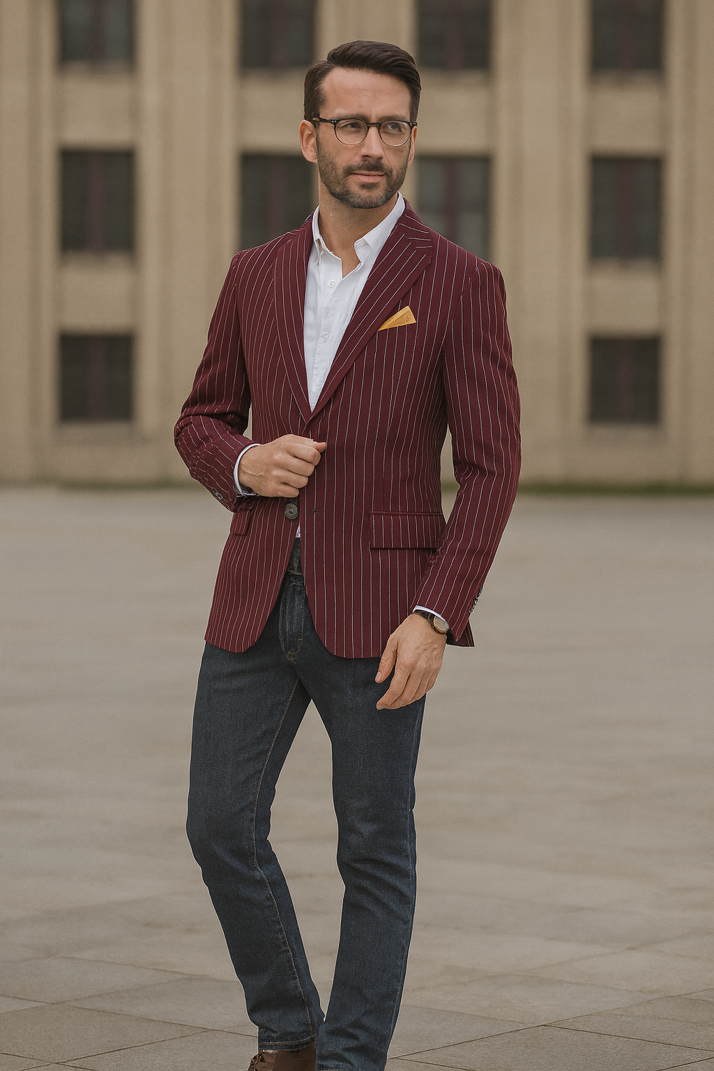 Men's Dark Burgundy and White Pinstripe Two Button Blazer