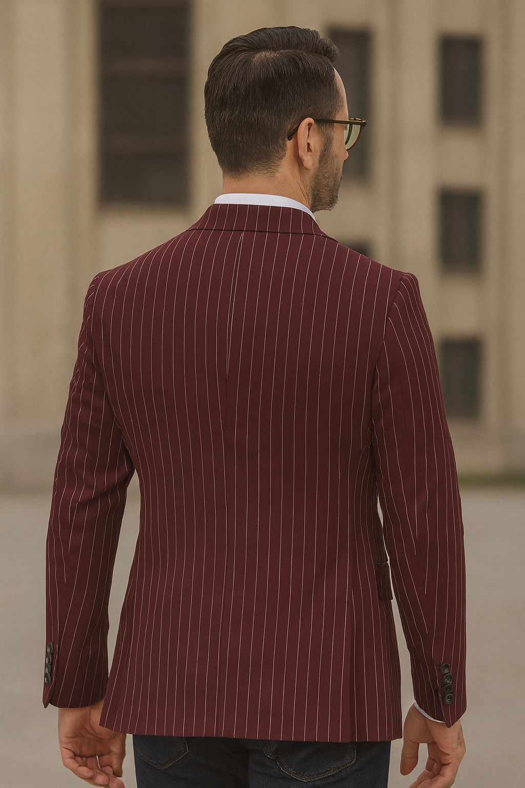 Men's Dark Burgundy and White Pinstripe Two Button Blazer