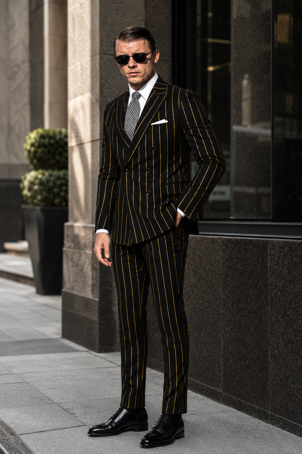 Black and Gold Pinstripe Vested Suit