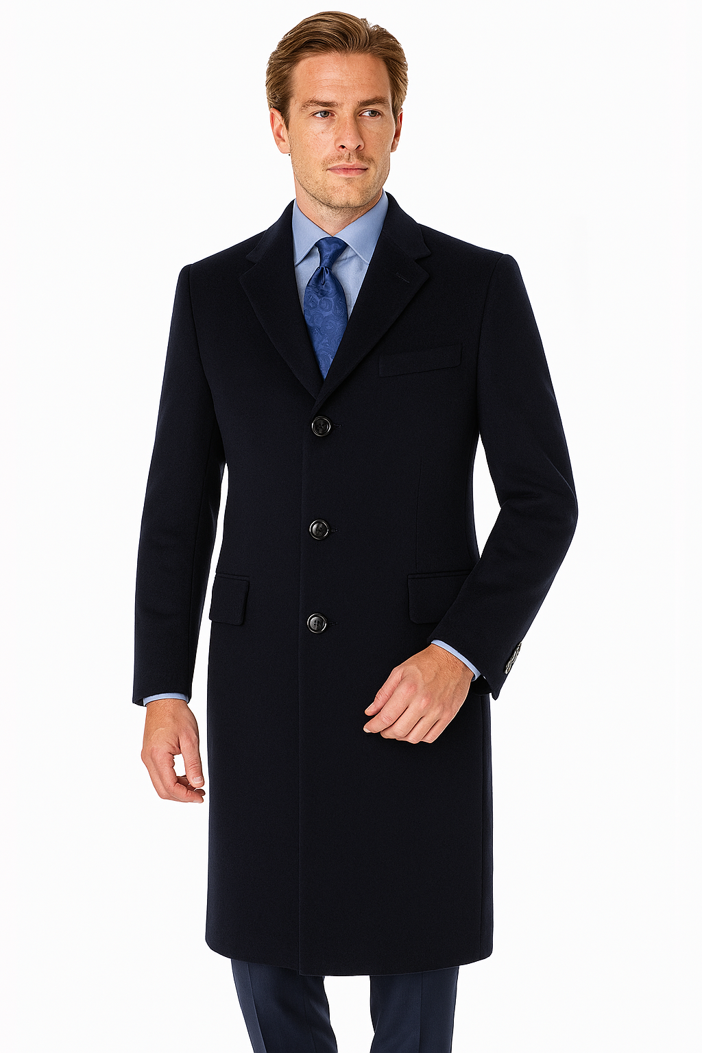Pure Wool Navy Men’s Full-Length Overcoat