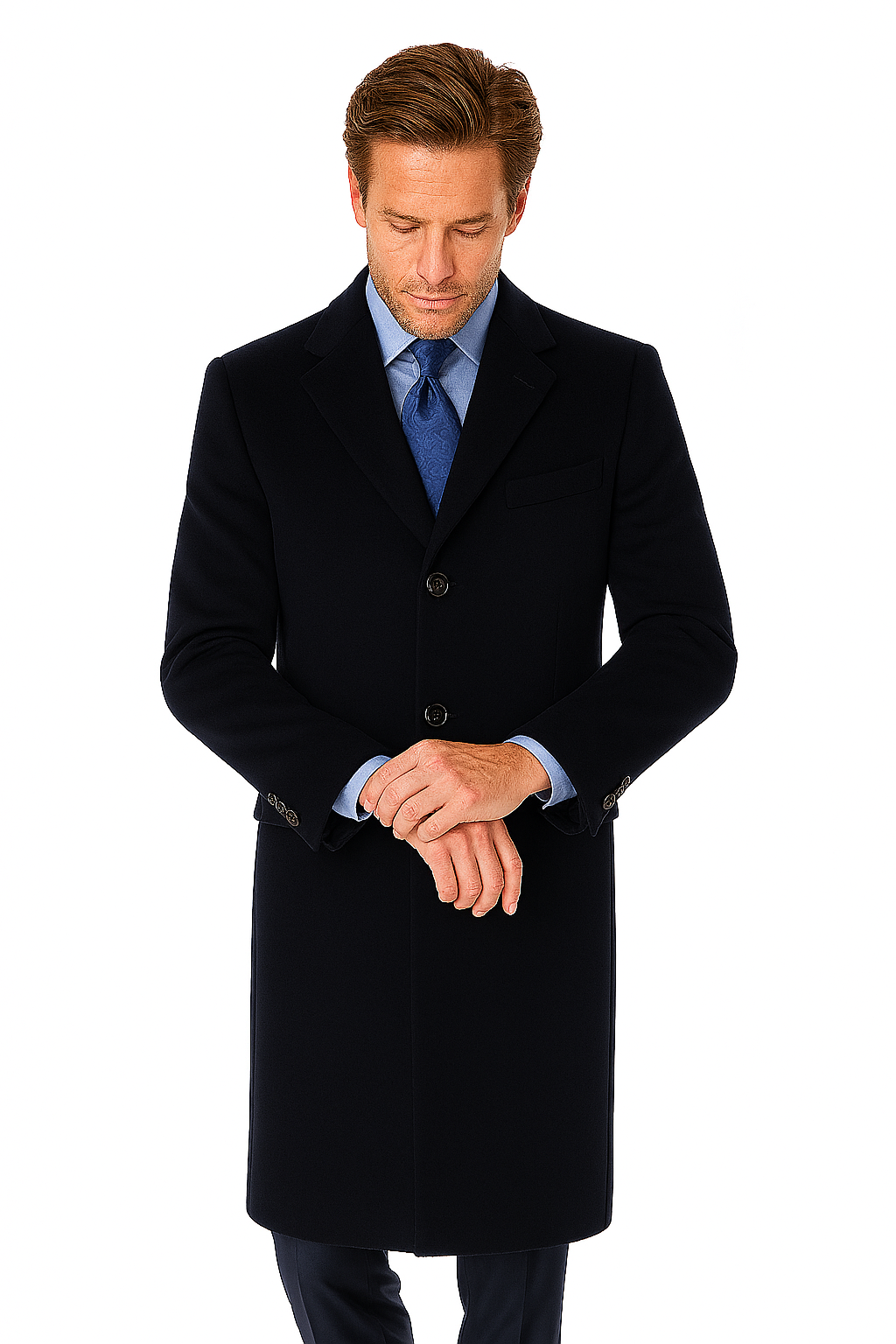 Pure Wool Navy Men’s Full-Length Overcoat