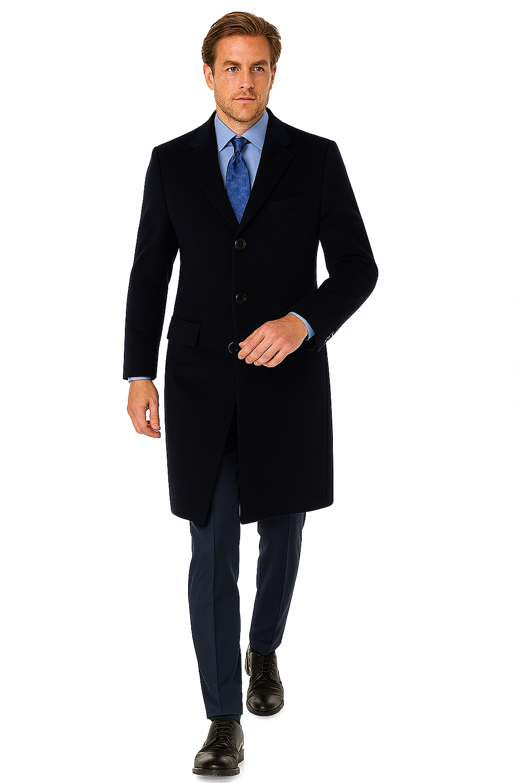 Pure Wool Navy Men’s Full-Length Overcoat