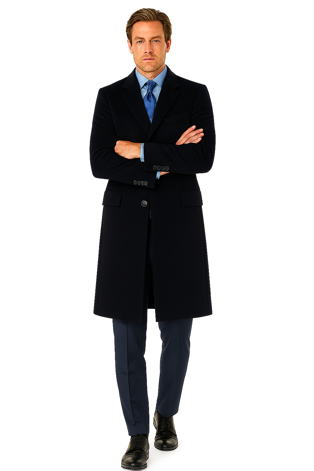 Pure Wool Navy Men’s Full-Length Overcoat