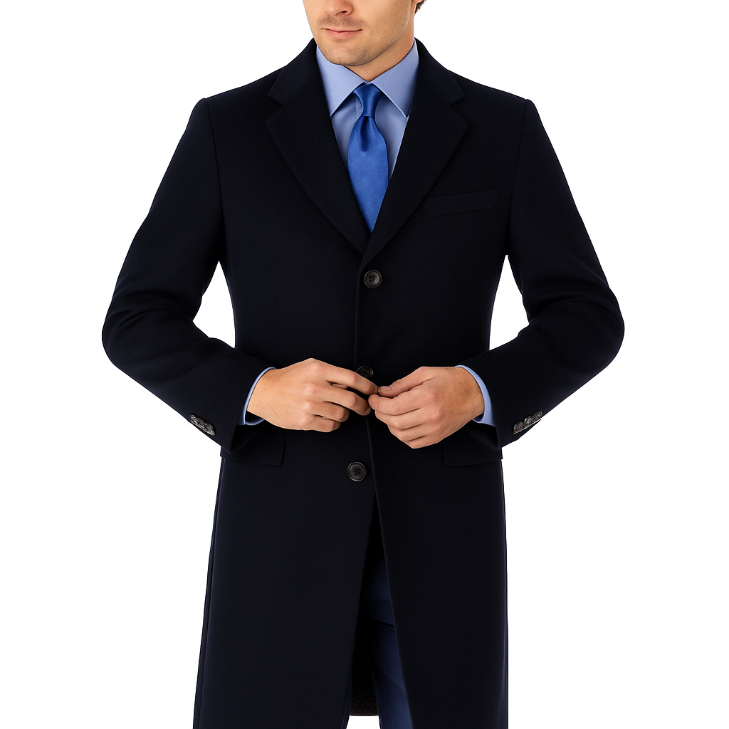 Pure Wool Navy Men’s Full-Length Overcoat