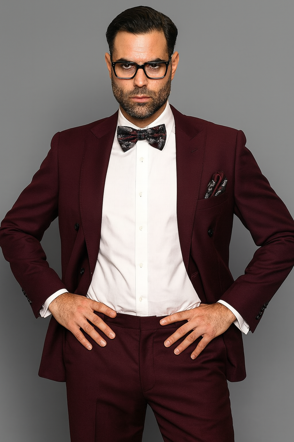 Mens Classic Wool Double Breasted Suit in Burgundy