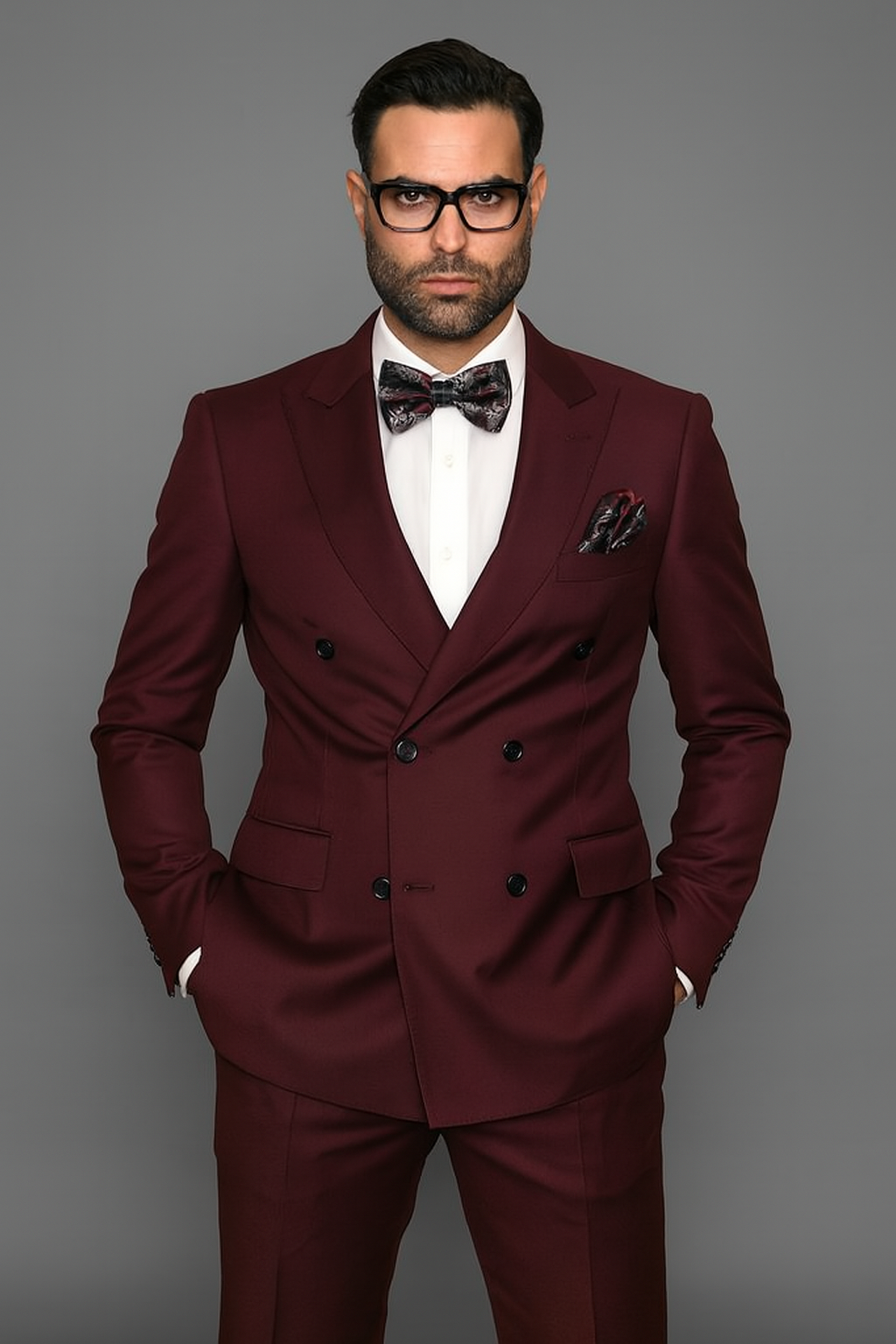 Mens Classic Wool Double Breasted Suit in Burgundy