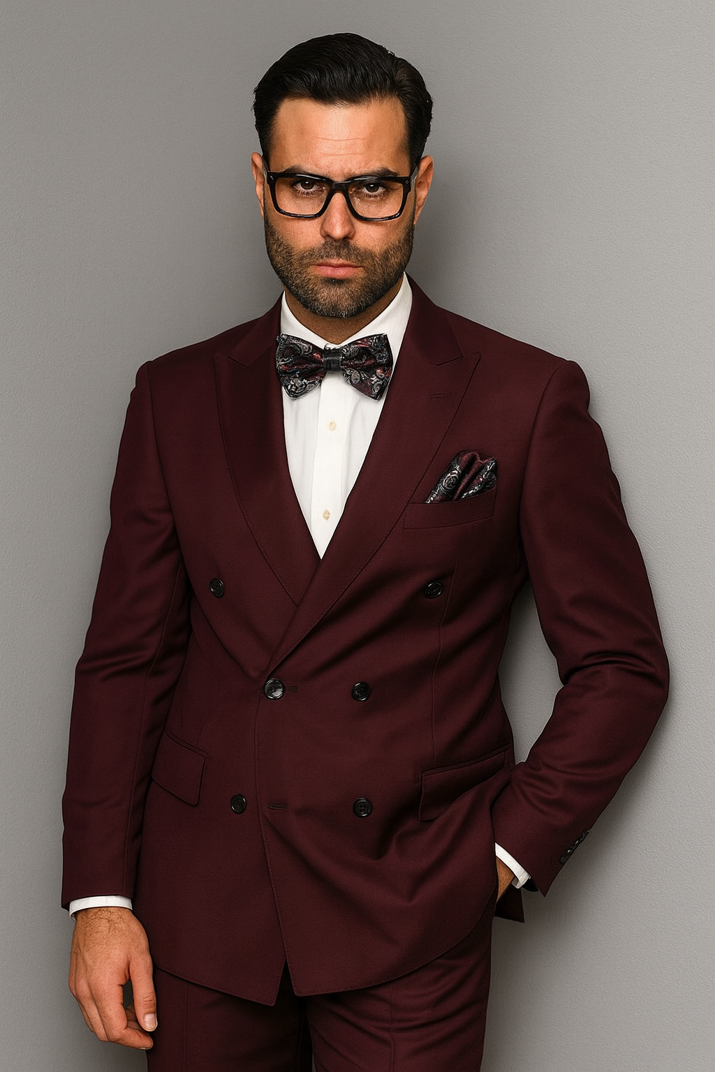 Mens Classic Wool Double Breasted Suit in Burgundy