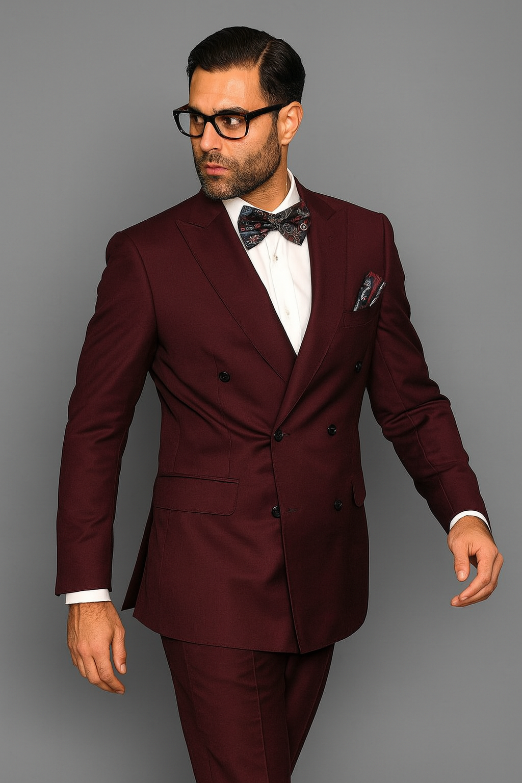 Mens Classic Wool Double Breasted Suit in Burgundy