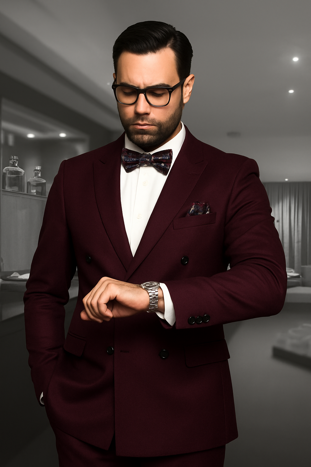 Mens Classic Wool Double Breasted Suit in Burgundy