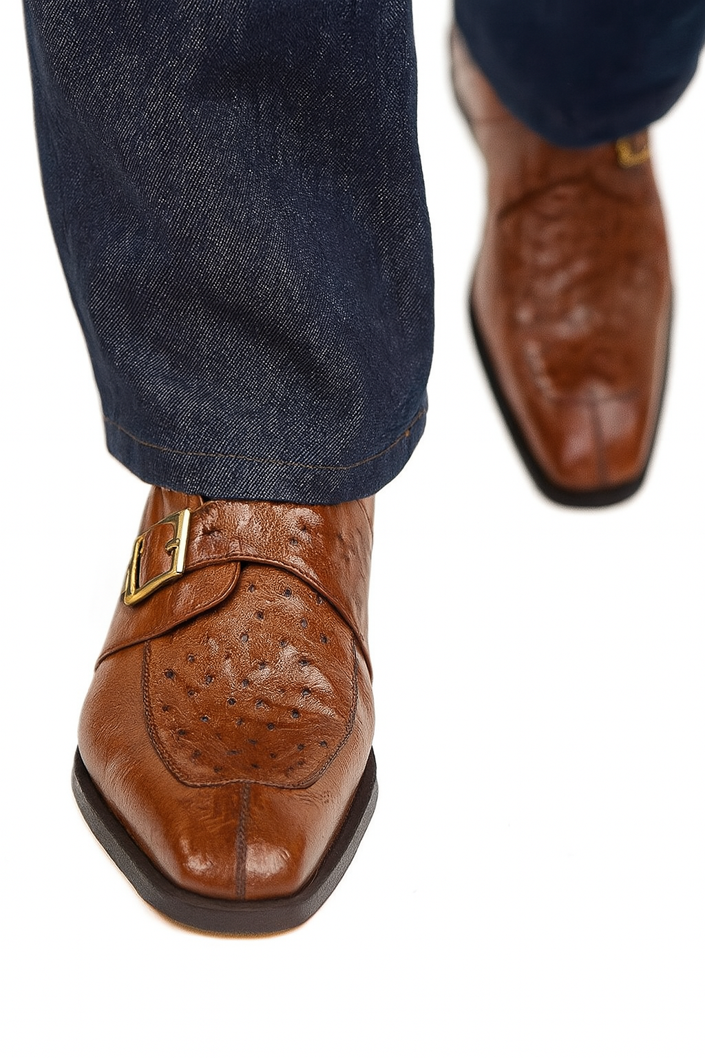 Men's Brown Genuine Ostrich Monk Strap Leather Shoes - Men's Buckle Dress Shoes Mens Ostrich Skin Shoes