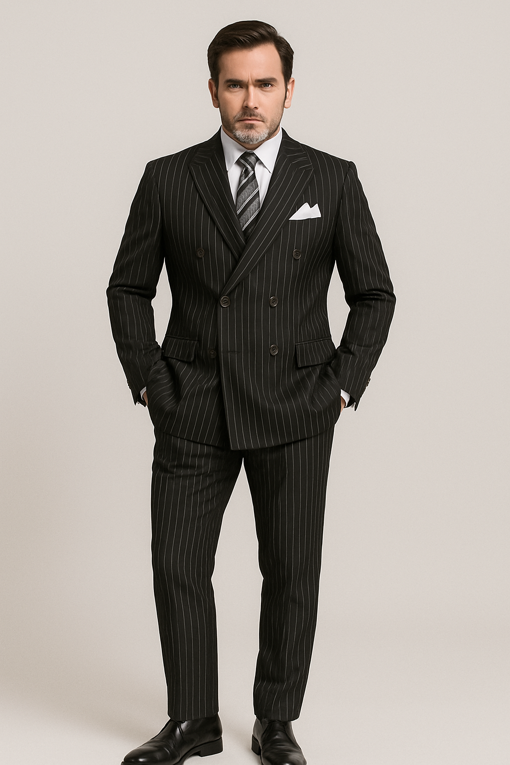 Double Breasted Stripe Suit Black Regular Fit 2 Piece
