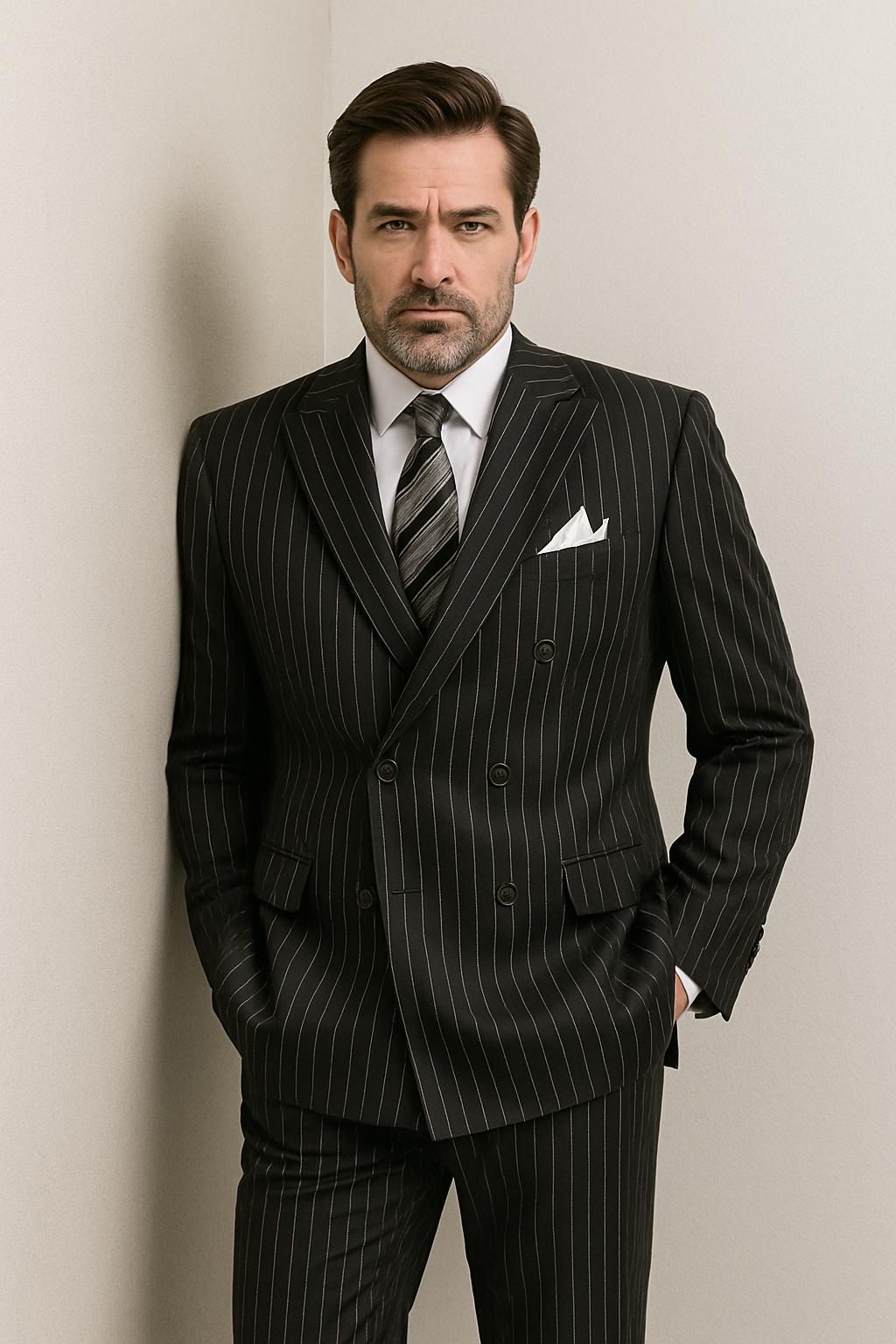 Double Breasted Stripe Suit Black Regular Fit 2 Piece