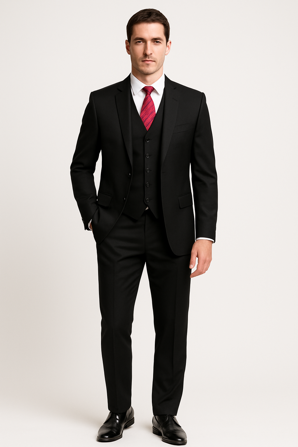 Alberto Nardoni Black Suit Slim Skinny European fit Vested 3 Pieces Suit Side Vented