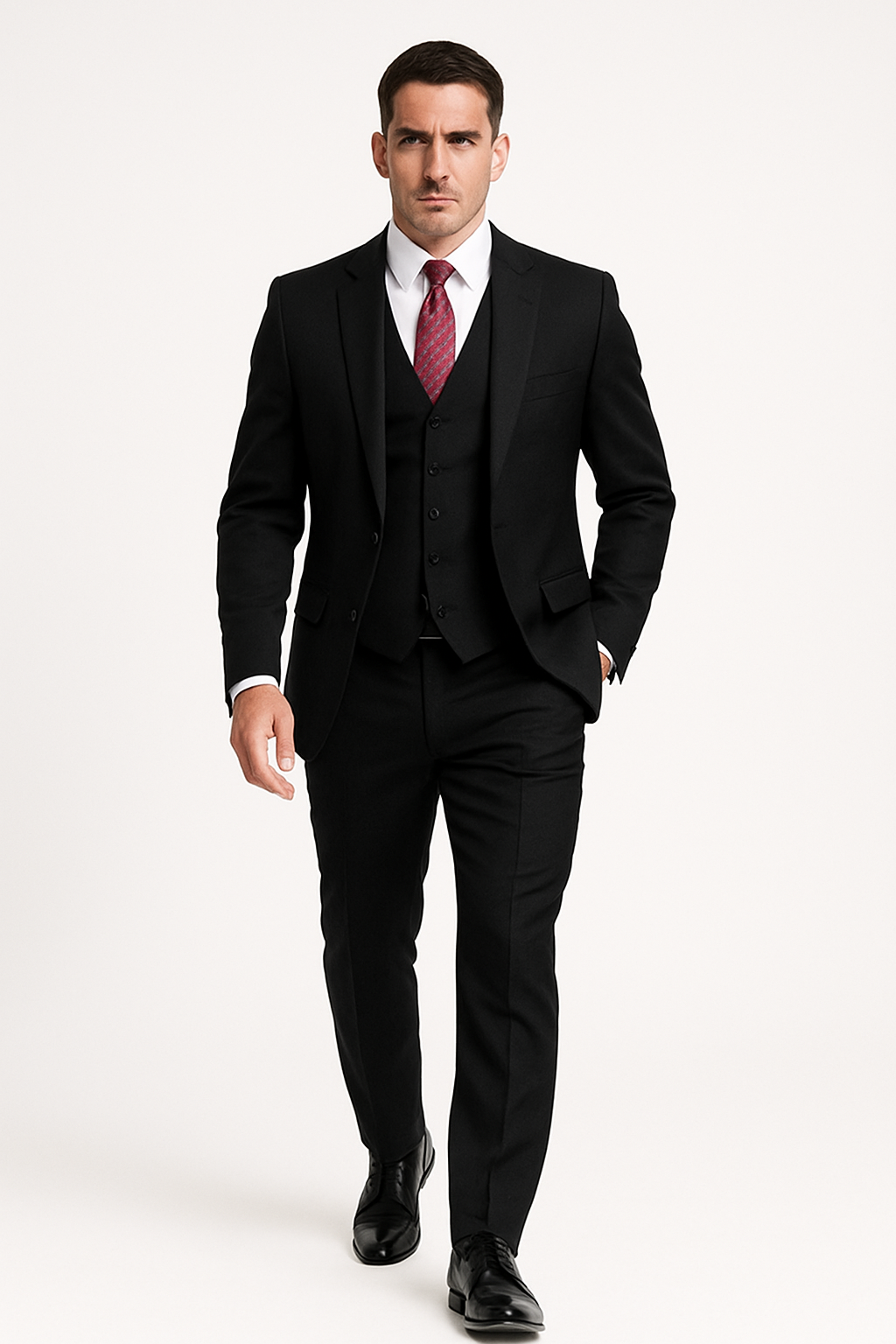 Alberto Nardoni Black Suit Slim Skinny European fit Vested 3 Pieces Suit Side Vented