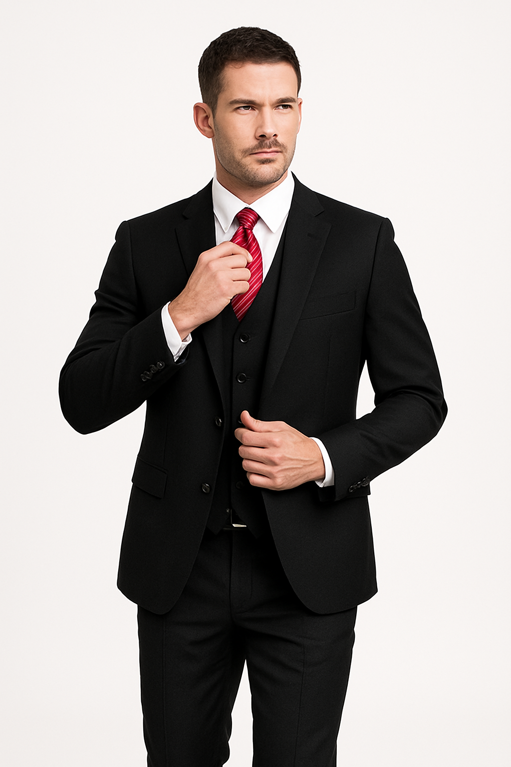 Alberto Nardoni Black Suit Slim Skinny European fit Vested 3 Pieces Suit Side Vented