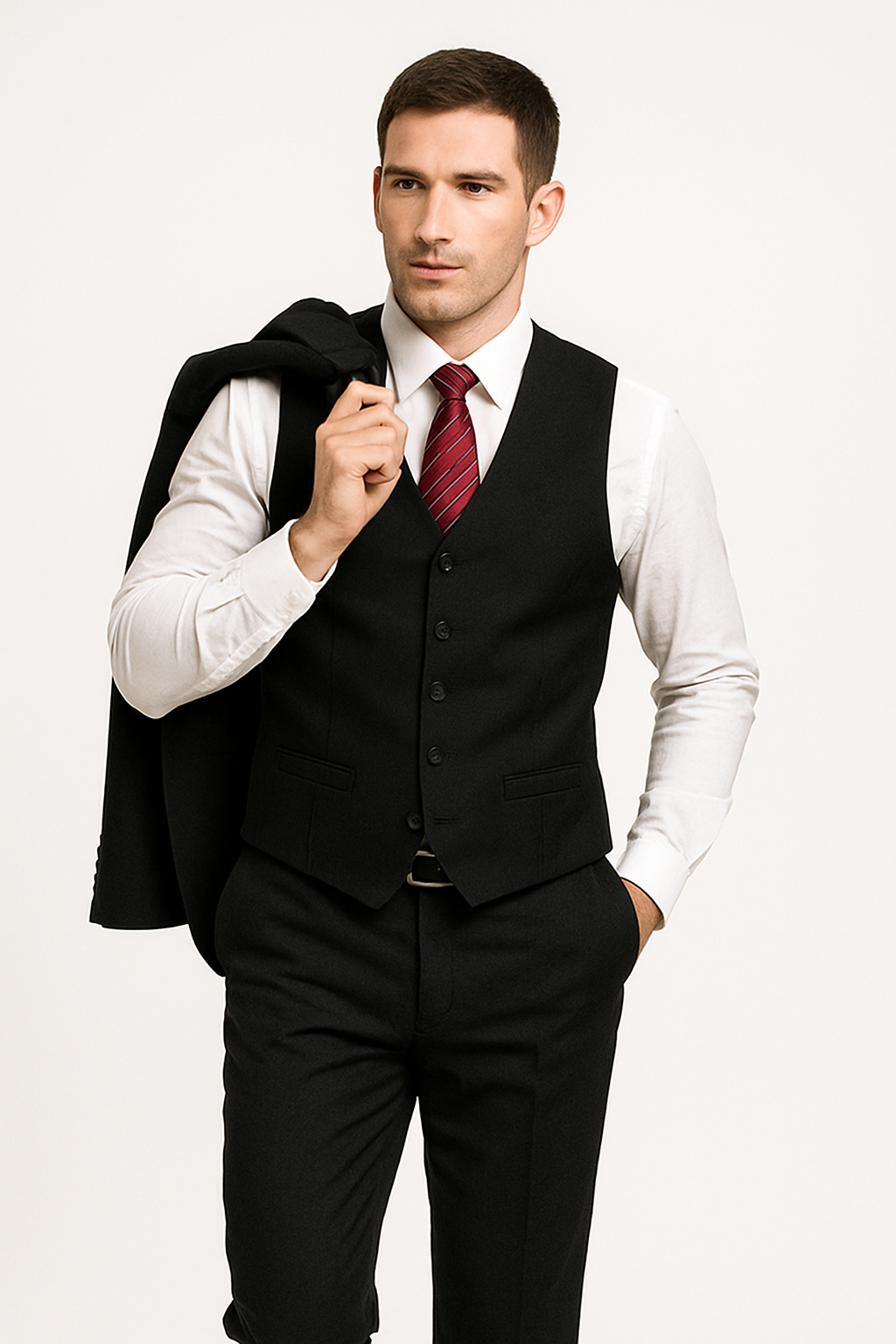 Alberto Nardoni Black Suit Slim Skinny European fit Vested 3 Pieces Suit Side Vented