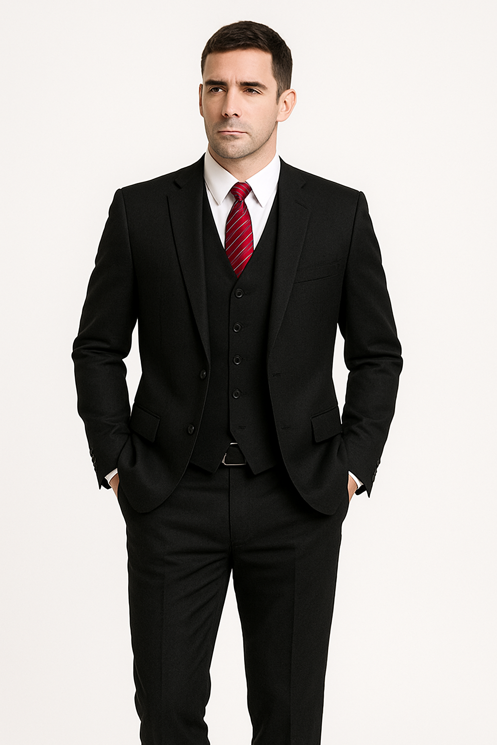 Alberto Nardoni Black Suit Slim Skinny European fit Vested 3 Pieces Suit Side Vented