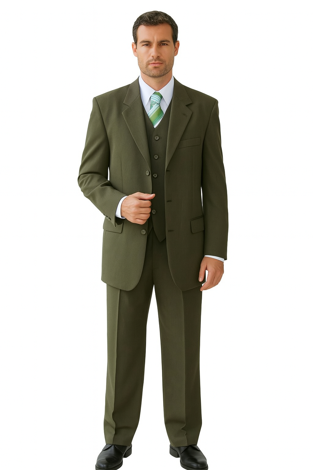 High Quality Dark Olive Green Available In Two ~ 2 Buttons Only Vested Poly~Rayon Fabric 3 ~ Three Piece Suit