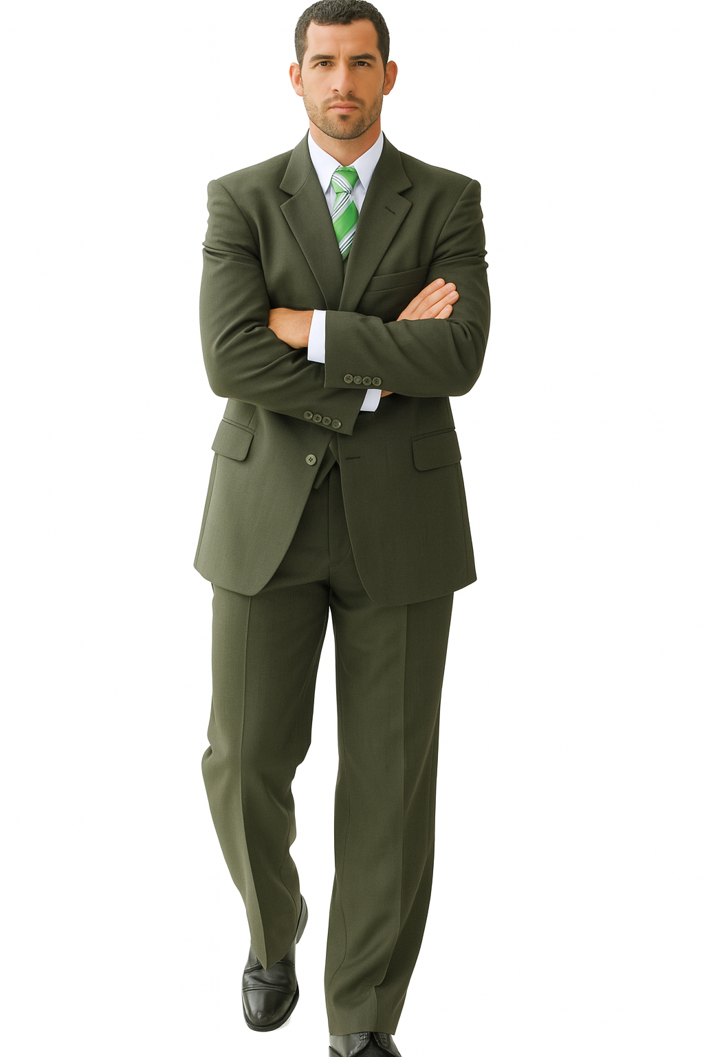 High Quality Dark Olive Green Available In Two ~ 2 Buttons Only Vested Poly~Rayon Fabric 3 ~ Three Piece Suit