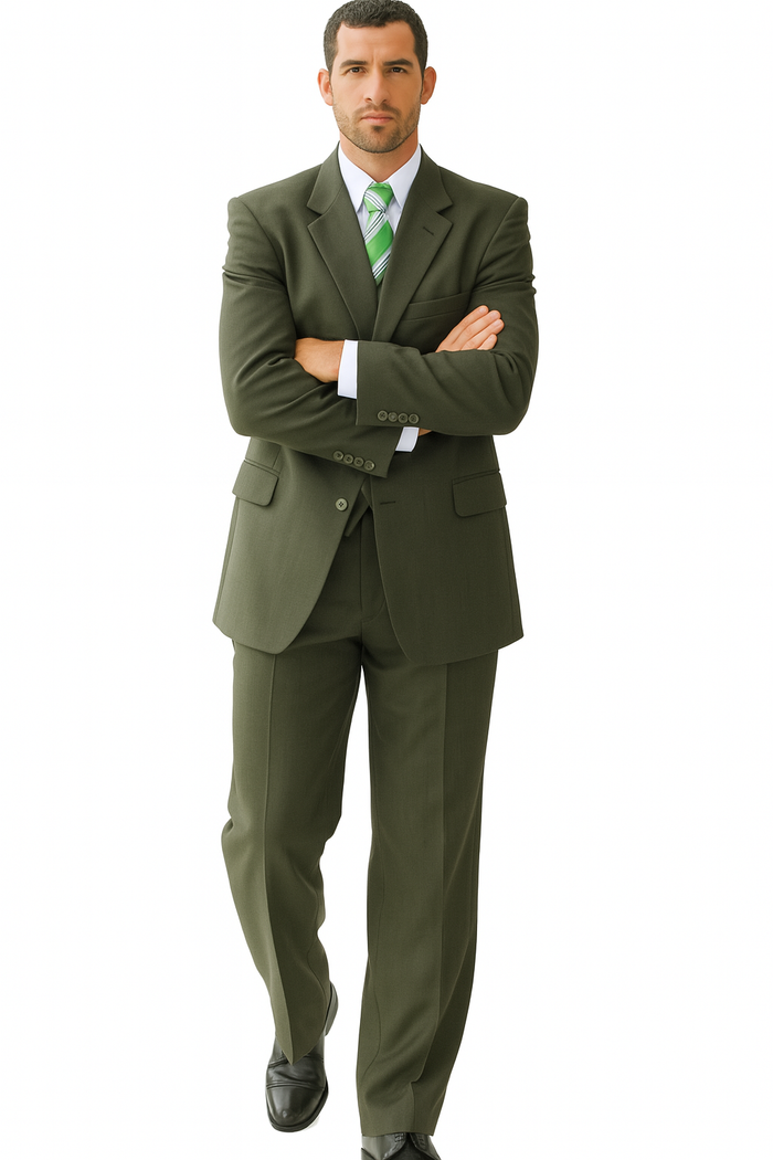 High Quality Dark Olive Green Available In Two ~ 2 Buttons Only Vested Poly~Rayon Fabric 3 ~ Three Piece Suit
