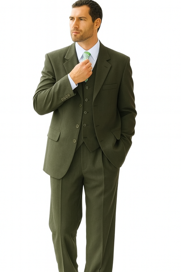 High Quality Dark Olive Green Available In Two ~ 2 Buttons Only Vested Poly~Rayon Fabric 3 ~ Three Piece Suit