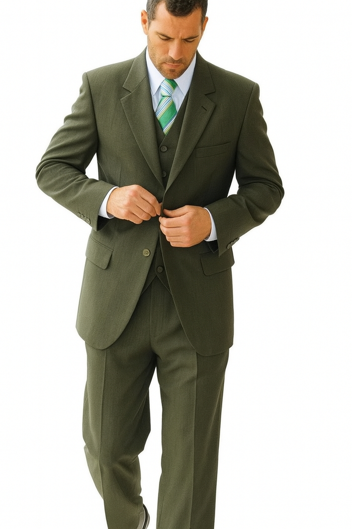 High Quality Dark Olive Green Available In Two ~ 2 Buttons Only Vested Poly~Rayon Fabric 3 ~ Three Piece Suit