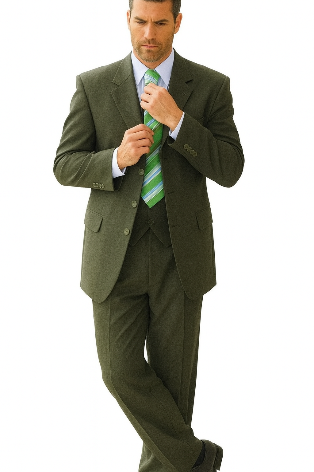 High Quality Dark Olive Green Available In Two ~ 2 Buttons Only Vested Poly~Rayon Fabric 3 ~ Three Piece Suit