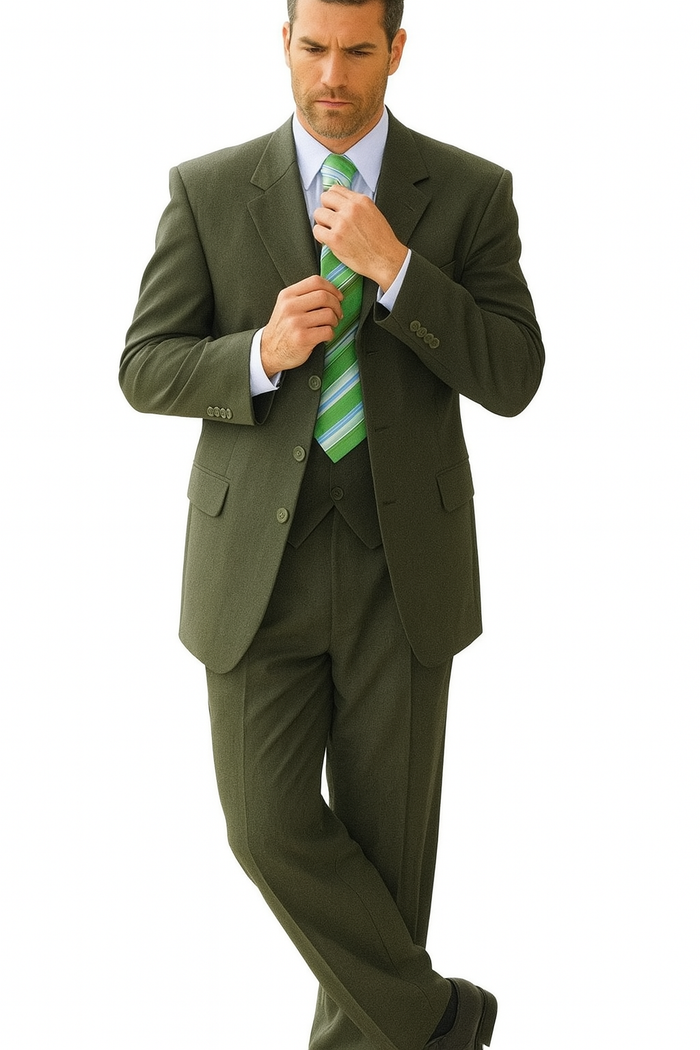 High Quality Dark Olive Green Available In Two ~ 2 Buttons Only Vested Poly~Rayon Fabric 3 ~ Three Piece Suit